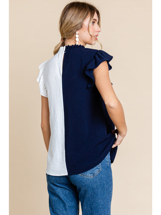 Navy & White Ruffle Color Block Top